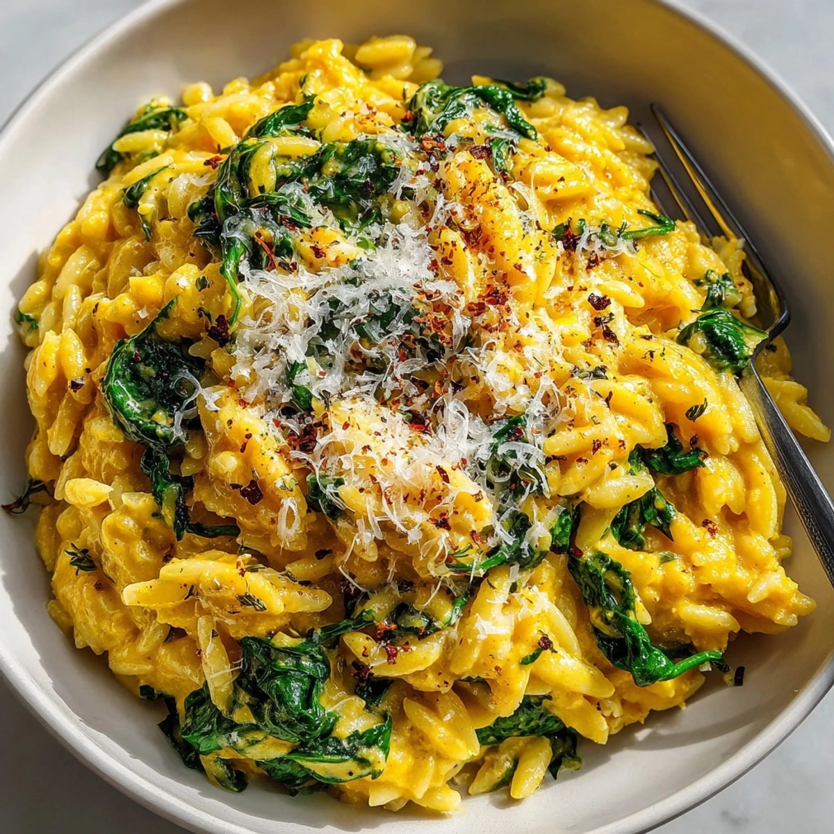 Creamy One-Pot Pumpkin Parmesan Orzo with spinach, a comforting fall meal with bright green spinach.