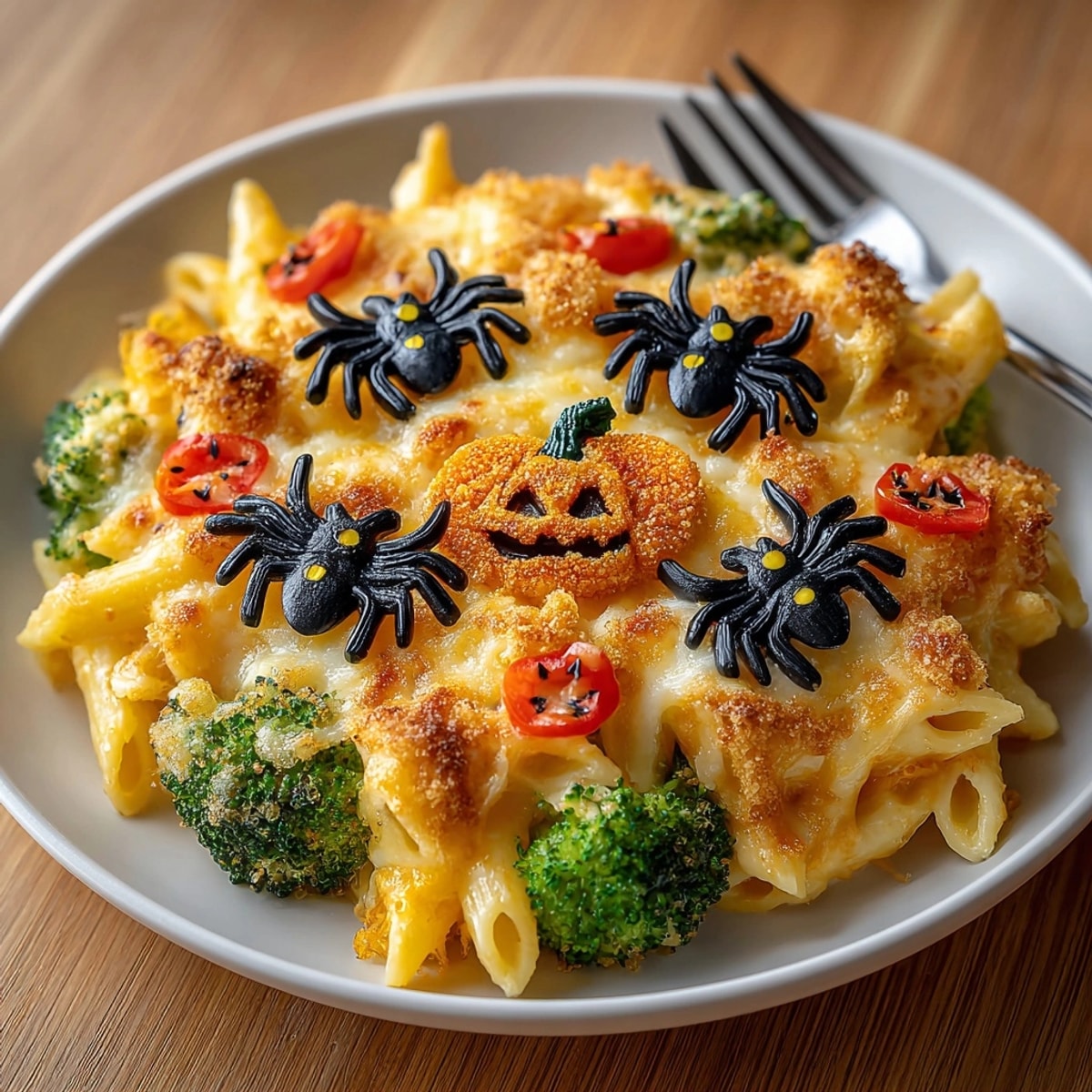 Halloween Cheesy Broccoli Pasta Bake, topped with black olive spiders and orange pepper jack-o'-lanterns, is inviting!
