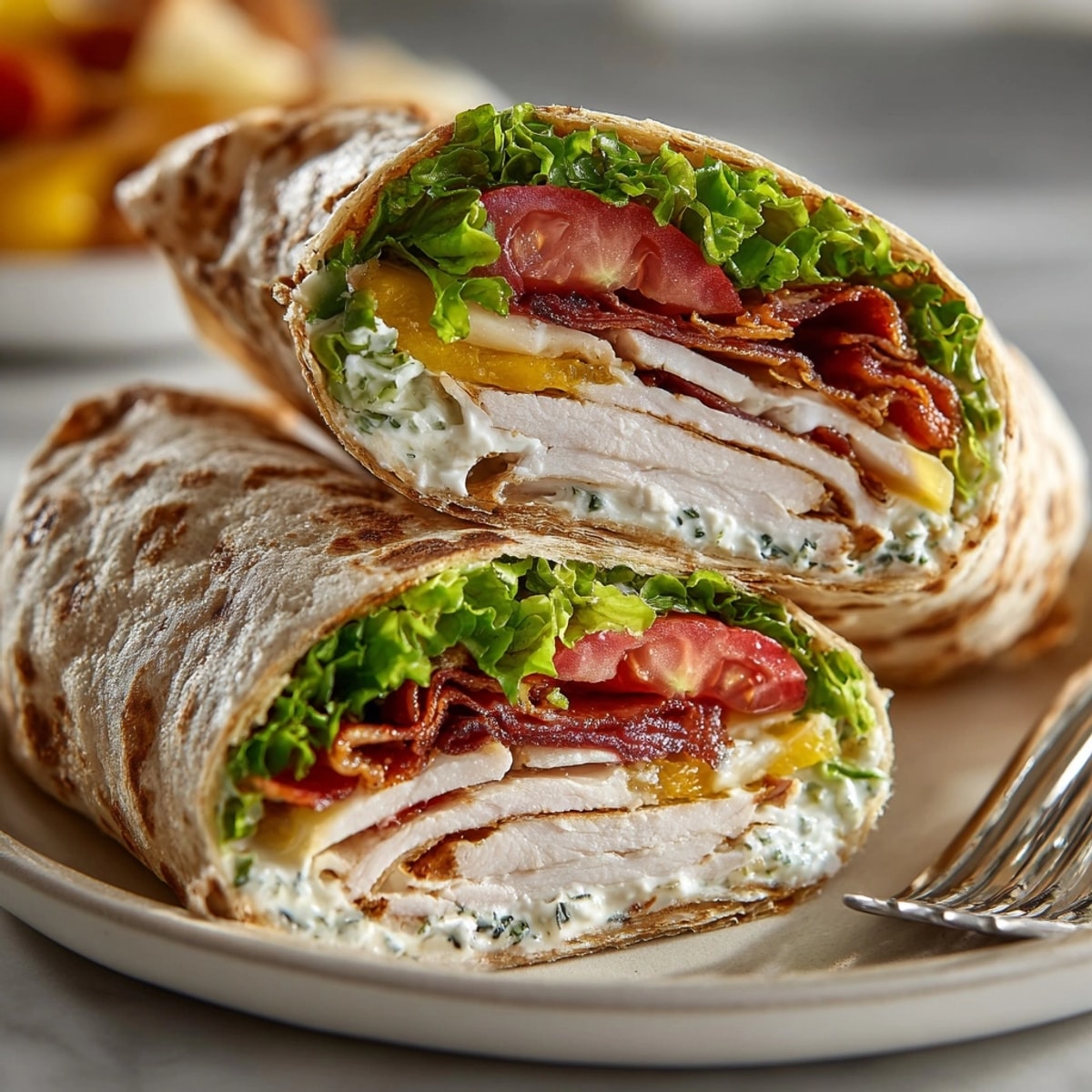 A flavorful pickle juice brined turkey club wrap shows off stacked fillings, ready to enjoy as a meal.