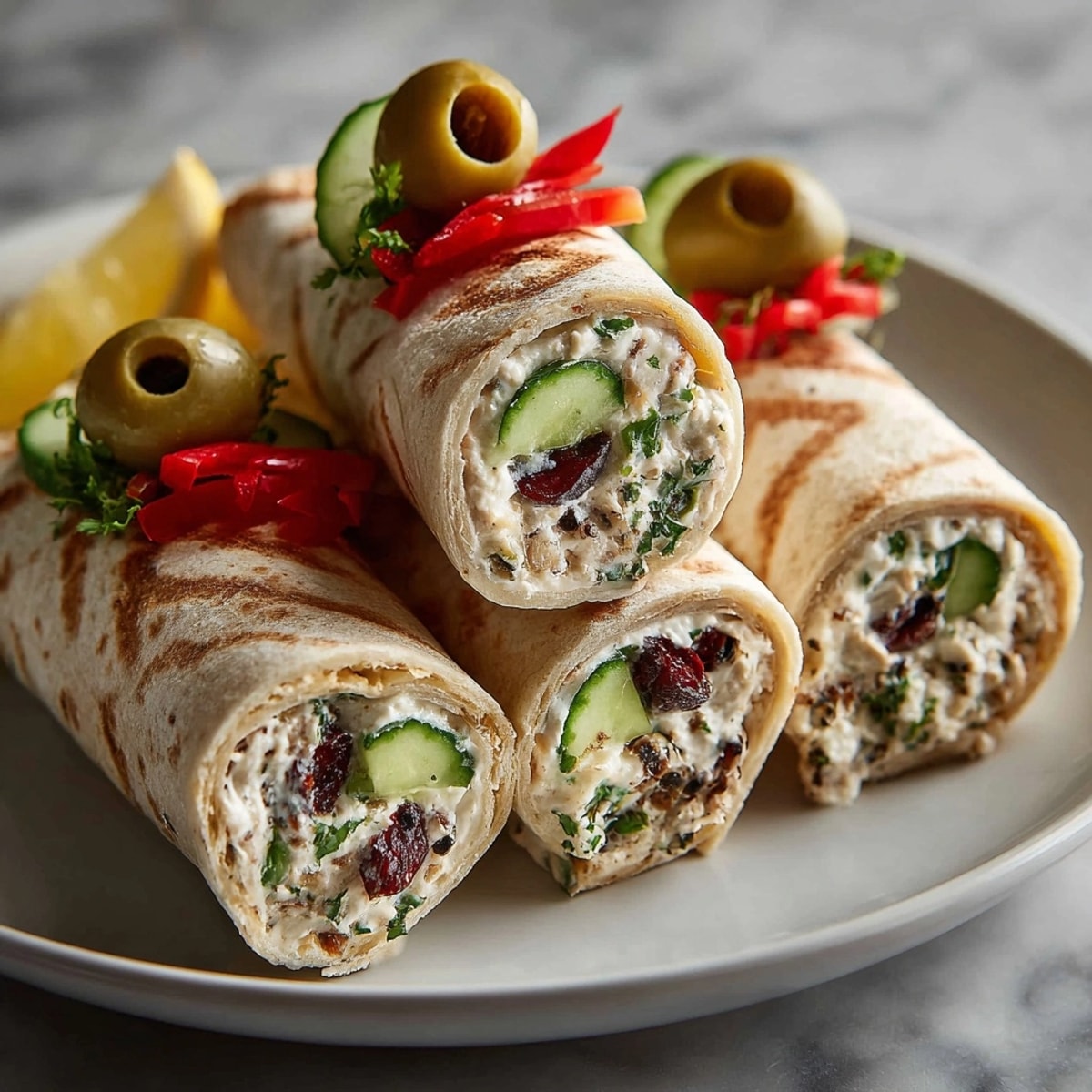 Savory Spooky Black Olive Tapenade Wraps, party-ready with red pepper "tongues" and green olive "eyes".