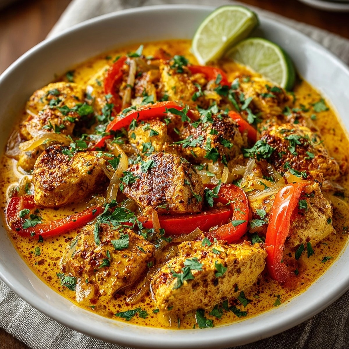 Golden-hued Coconut Curry Chicken, with tender chicken pieces and a creamy coconut sauce.