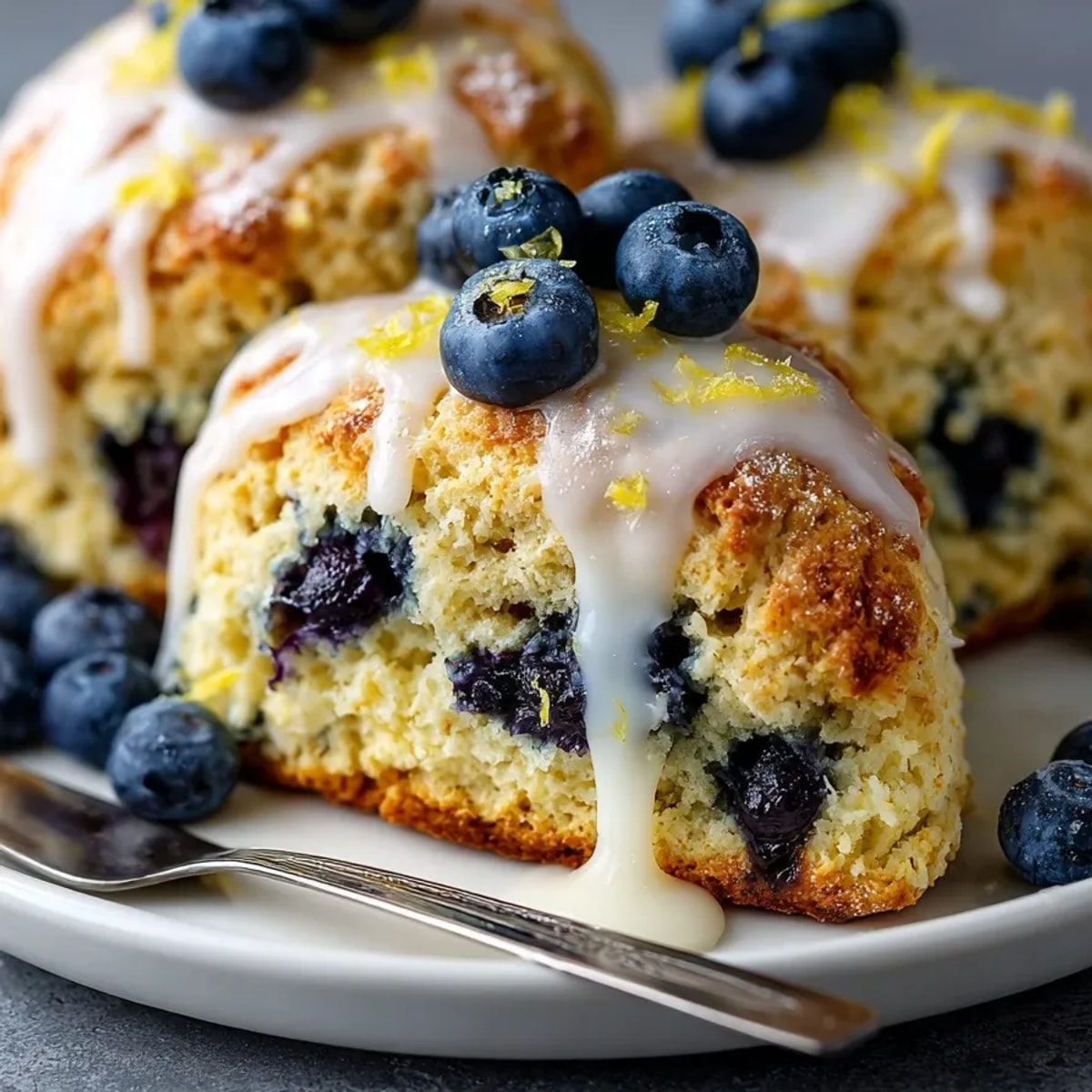 Fluffy blueberry lemon scones, golden-baked and ready to eat with a dusting of powdered sugar.