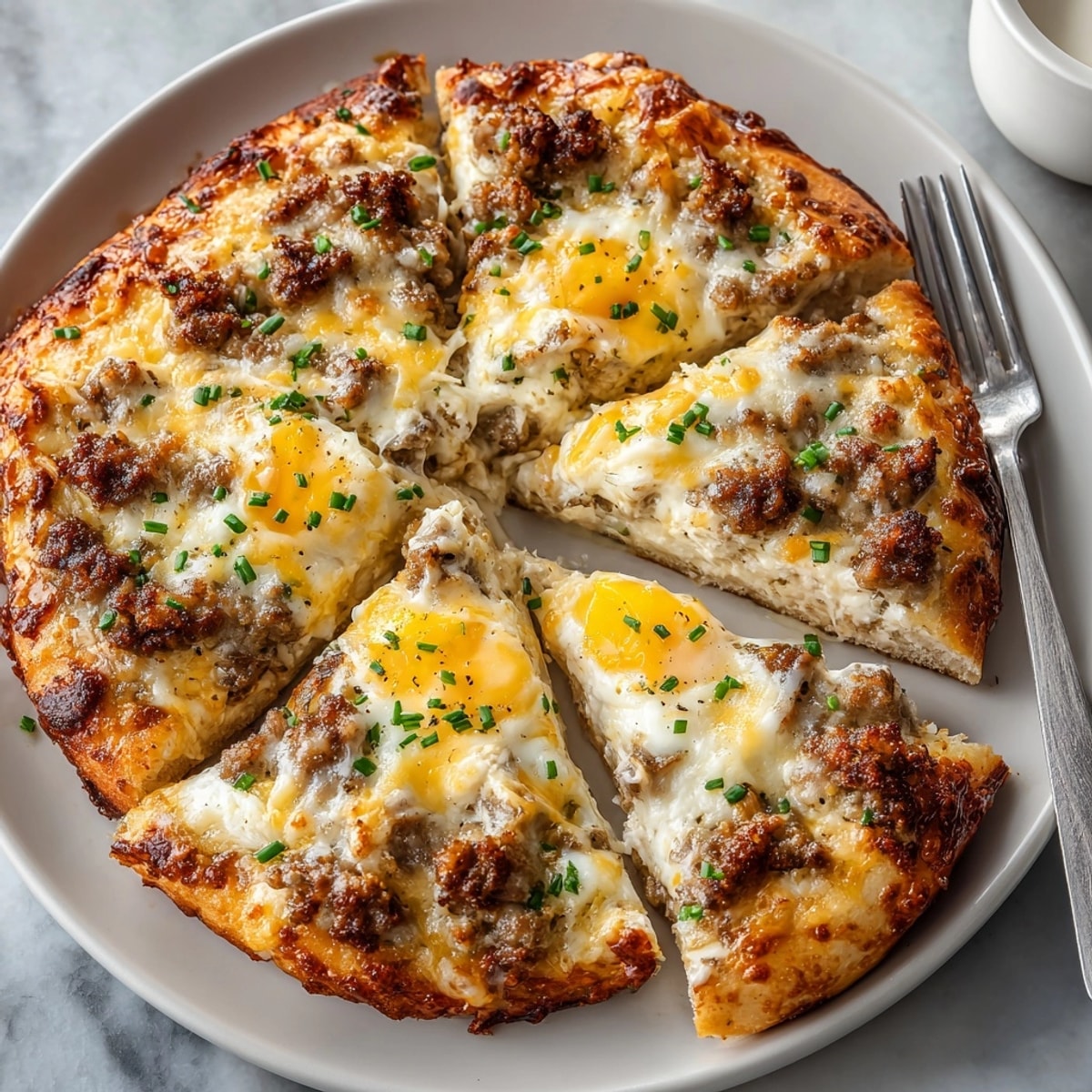 Warm Sausage Gravy Breakfast Pizza with scrambled eggs and melted cheddar, perfect weekend brunch.