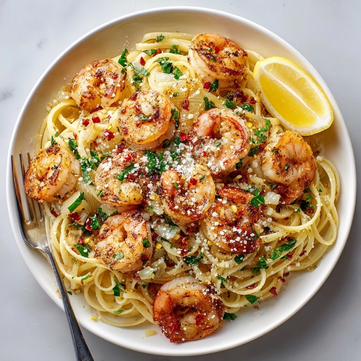 Shrimp and garlic pasta tossed with spaghetti, garnished with Parmesan and served with lemon wedges.