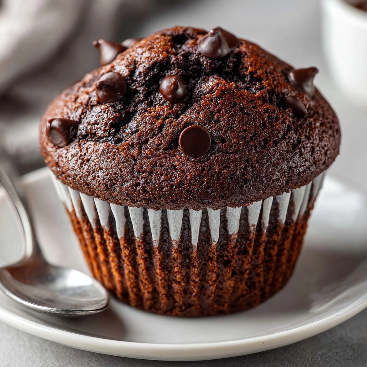 Freshly baked chocolate protein muffins on a cooling rack, showing their moist, rich interior