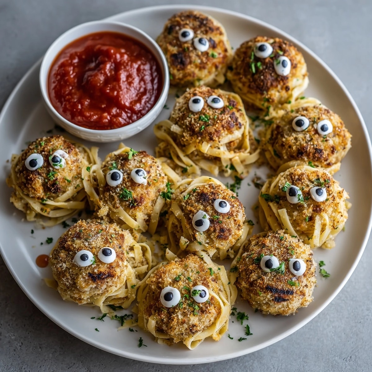 Homemade baked mummy meatballs with candy eyes, a fun and spooky kid-friendly dinner.