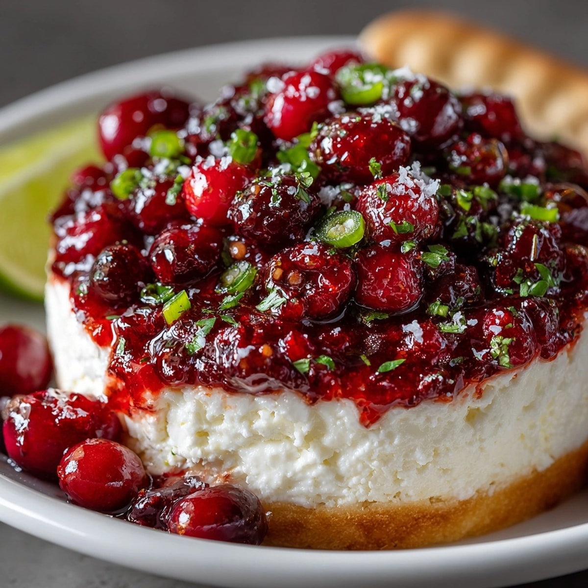 Creamy Cranberry Jalapeño Cream Cheese Dip, a sweet and spicy holiday appetizer, ready to serve.