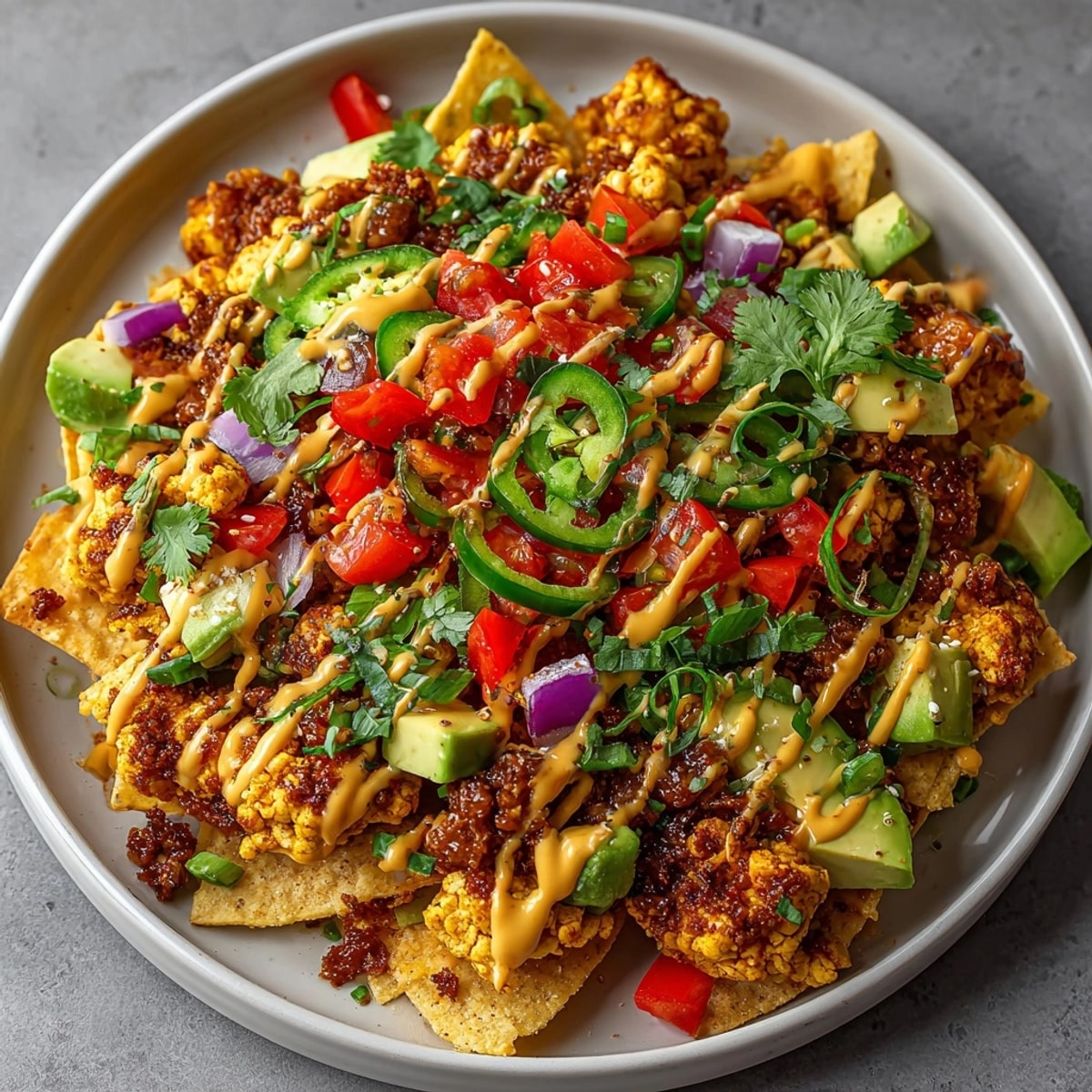Loaded Vegan Breakfast Nachos, featuring melted plant based cheese, avocado, salsa, for a delicious meal.