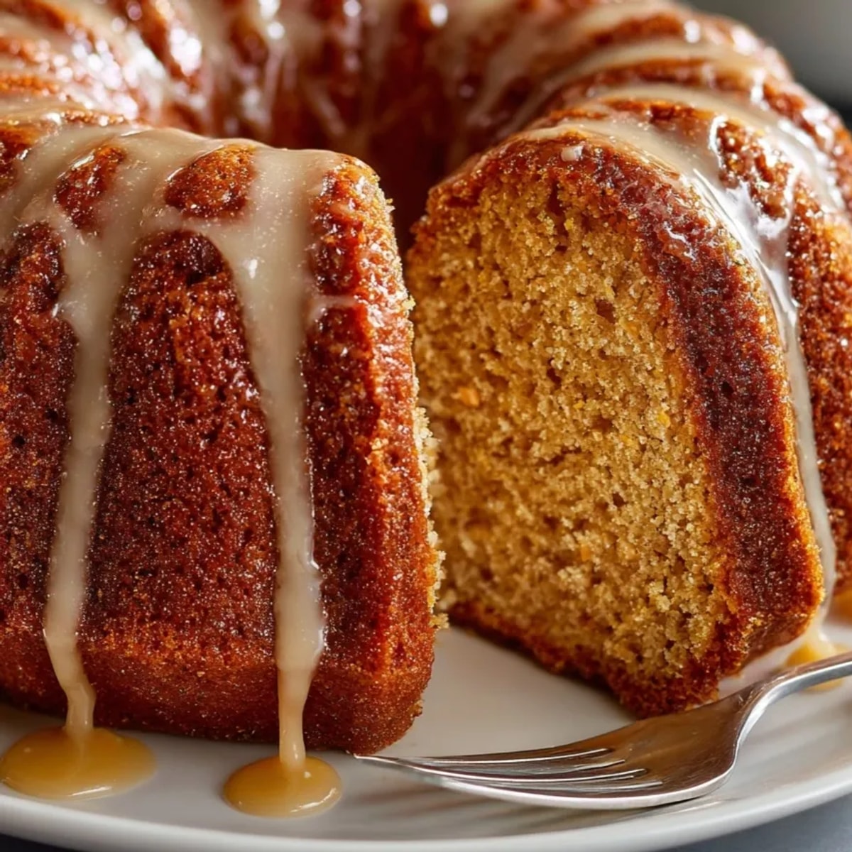 Golden Hot Buttered Rum Cake with a dripping glaze, ready for a slice.