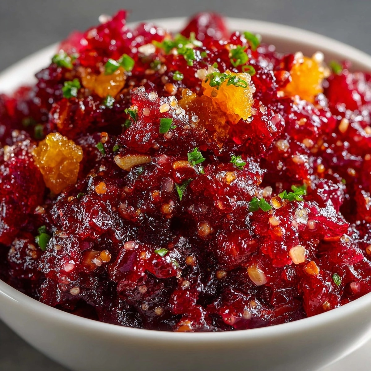 Homemade Cranberry Orange Relish: a festive, easy condiment complementing roast chicken, bright red.