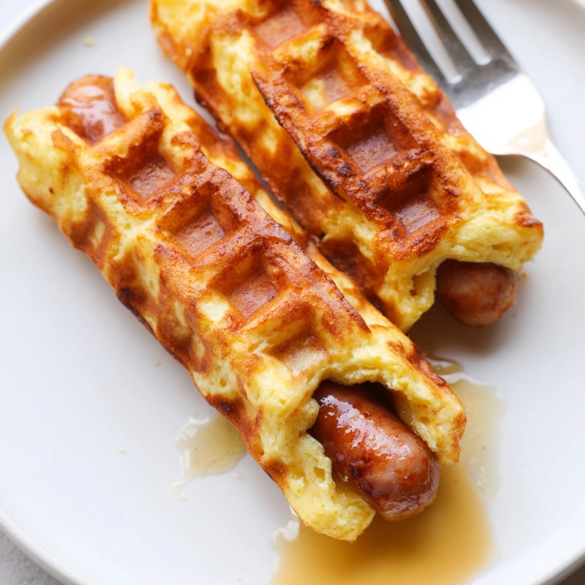 Golden-brown Waffle Breakfast Stick, drizzled with maple syrup, a delicious and portable breakfast.