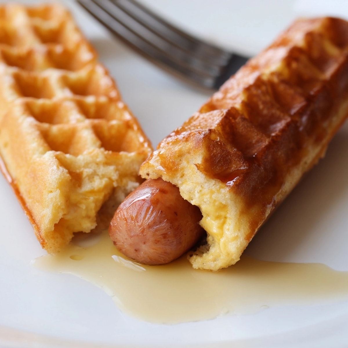 Close-up shows a warm, crispy Waffle Breakfast Stick with embedded savory sausage inside.