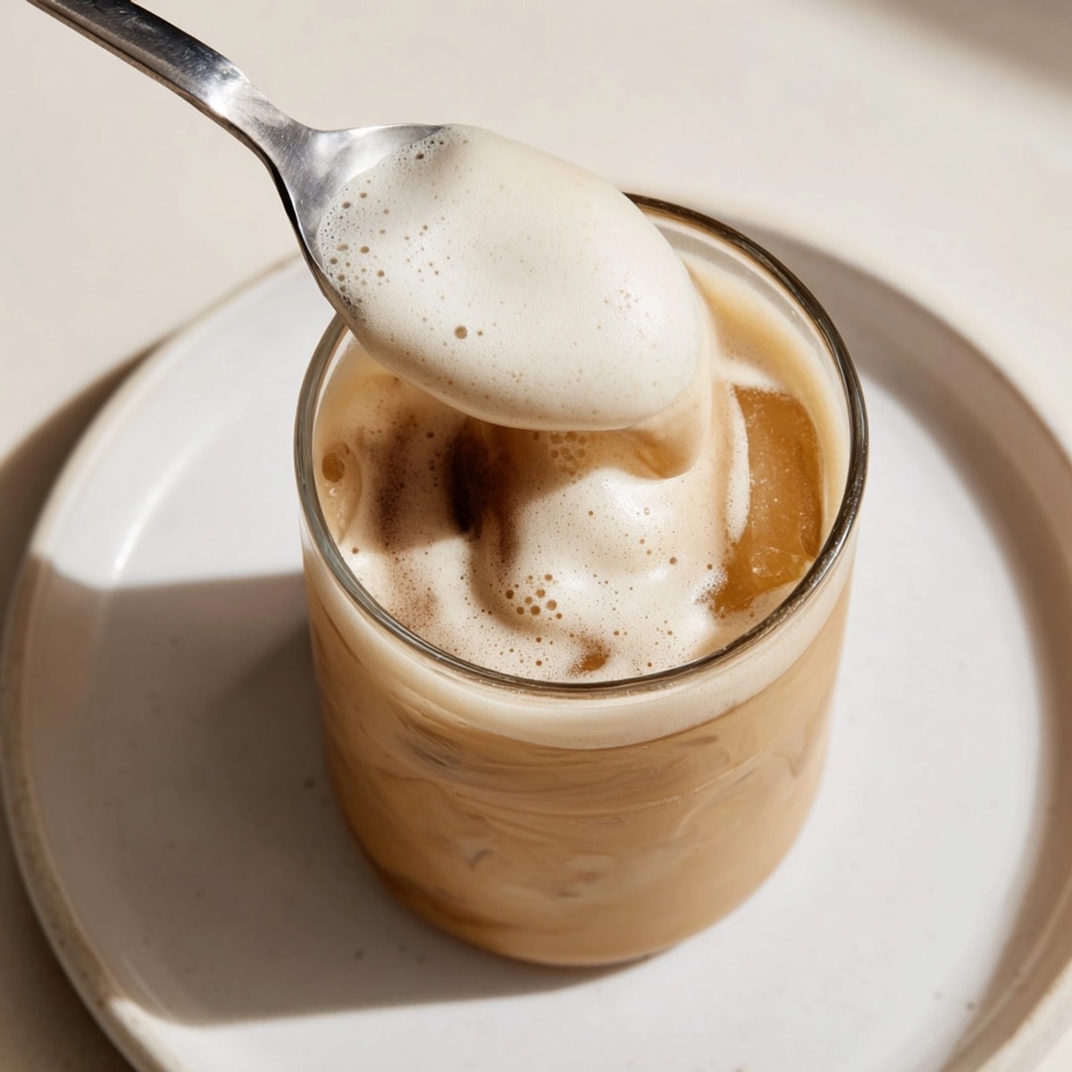 Close-up shows thick, luscious Starbucks Cold Foam topping a dark iced coffee drink.