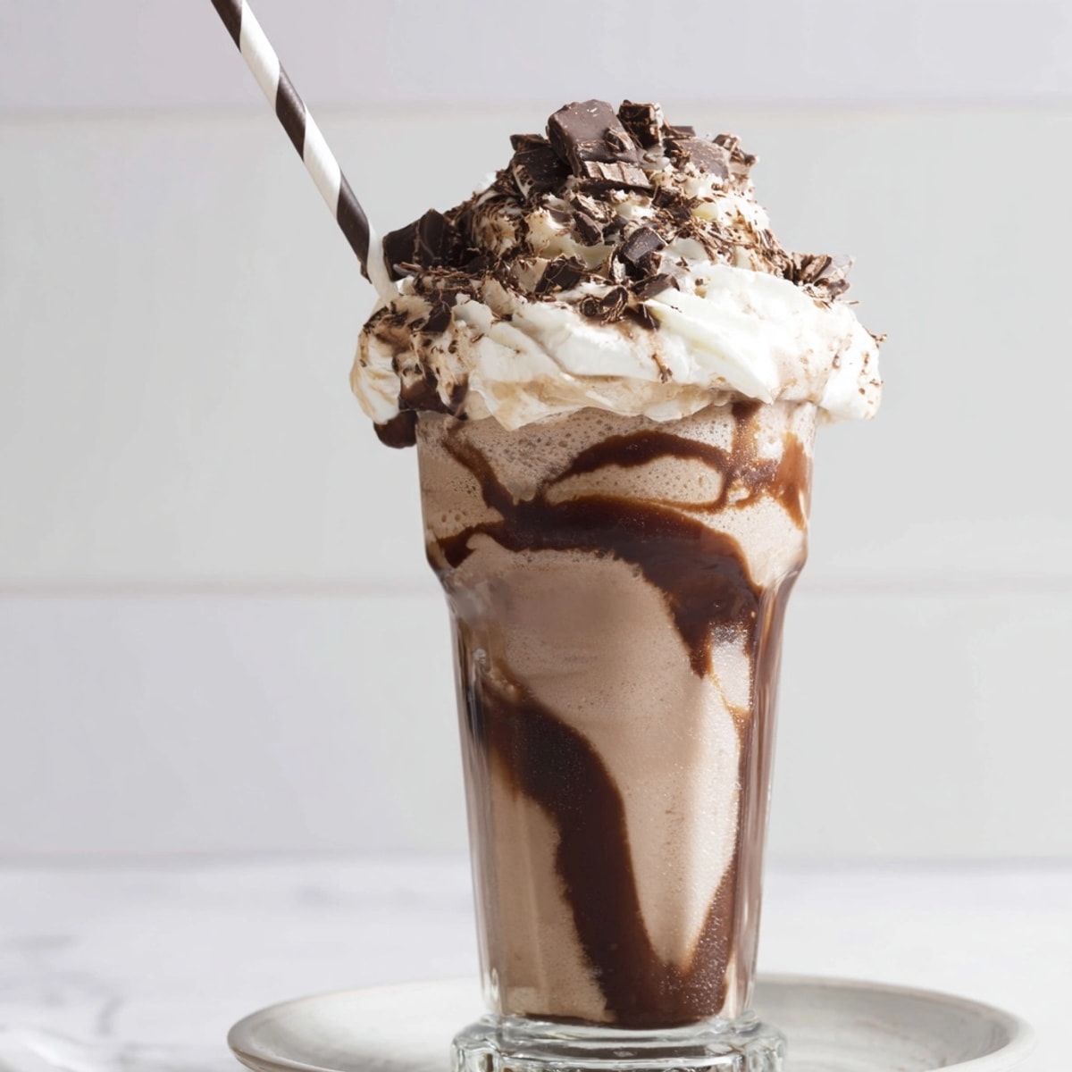 A decadent Mocha Milkshake, swirled with airy whipped cream and chocolate shavings.