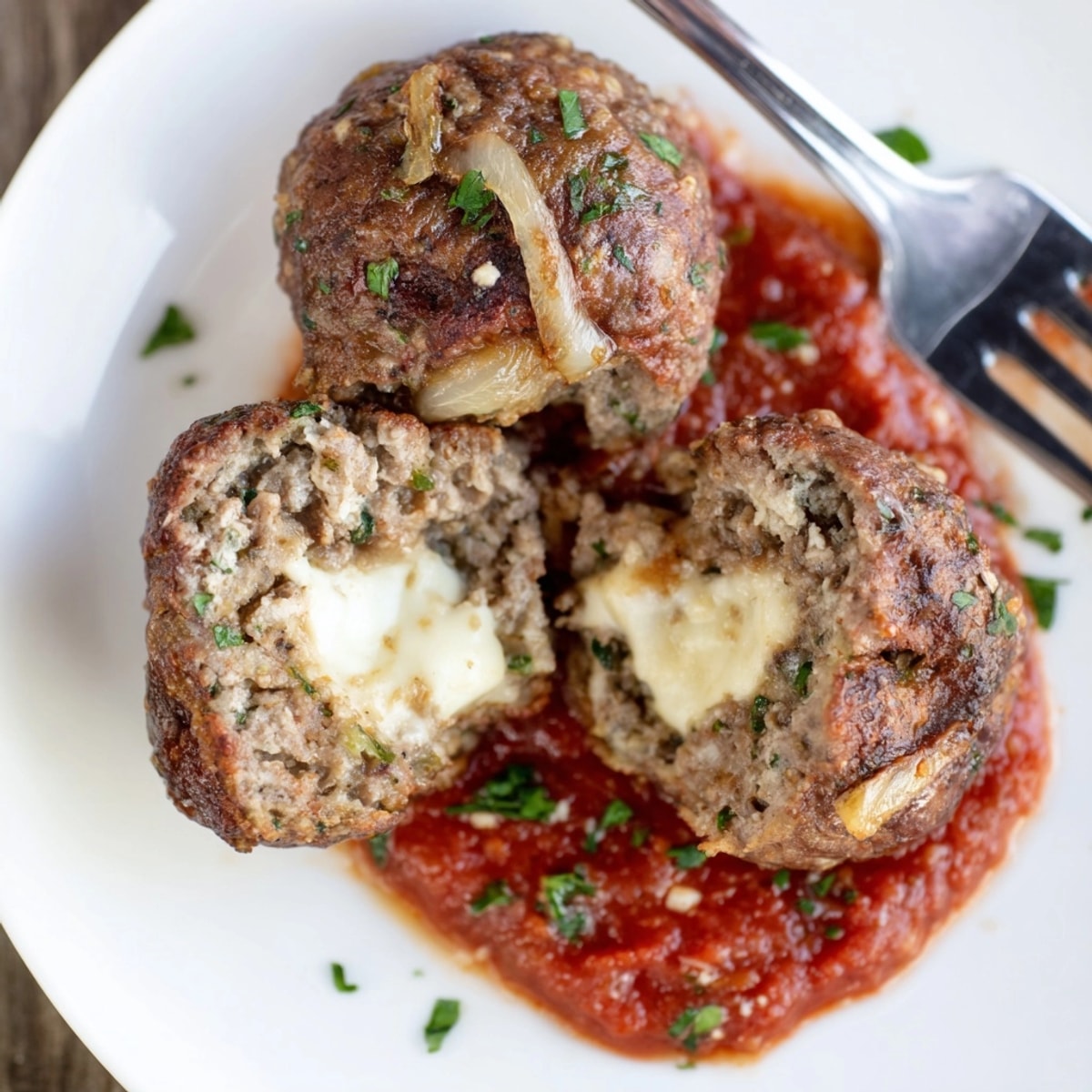 Close-up of golden, baked Cheesy Cajun Stuffed Meatballs, oozing melted mozzarella, garnished with parsley.