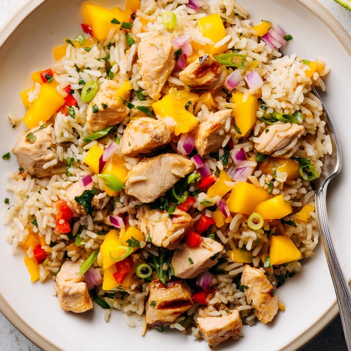 Close-up shot of perfectly cooked Mango Cilantro Chicken Rice, garnished with fresh herbs.