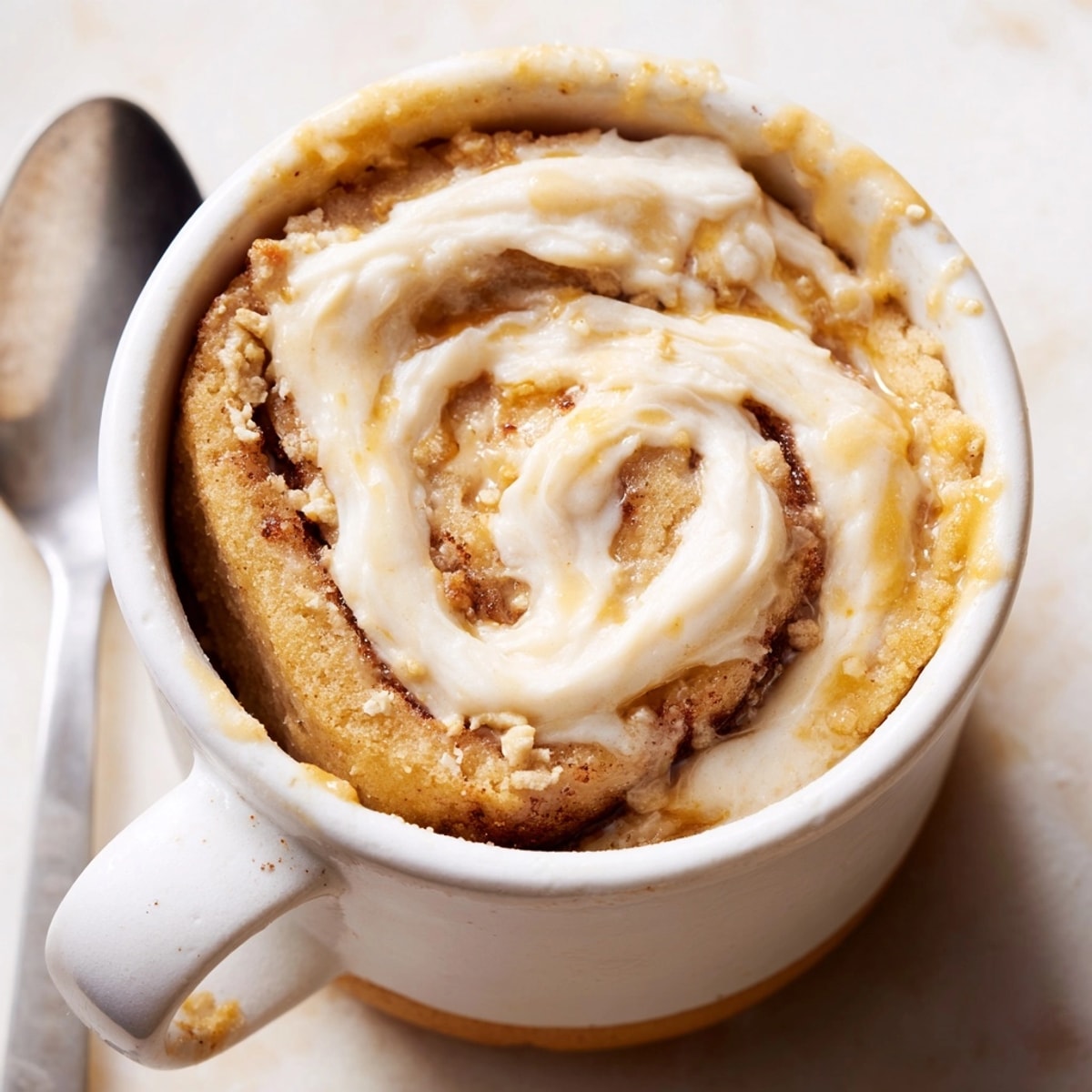 Warm Protein Cinnamon Roll Mug Cake with creamy frosting, ready to eat from a mug.