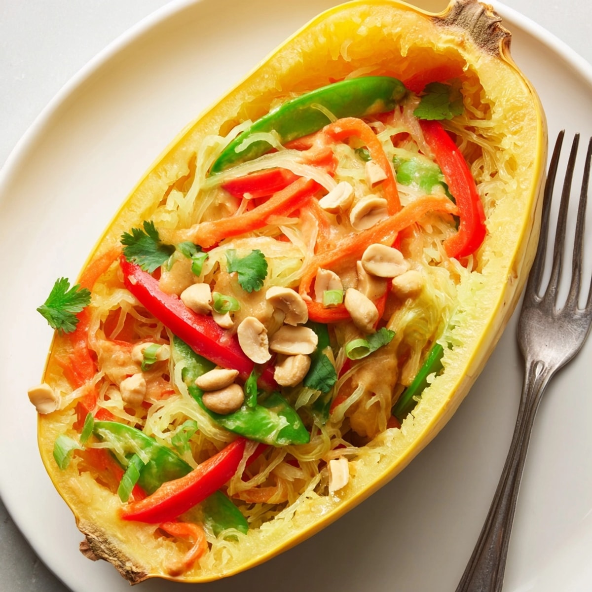 Creamy Thai Peanut Spaghetti Squash Boats, filled with savory veggies, ready to serve.