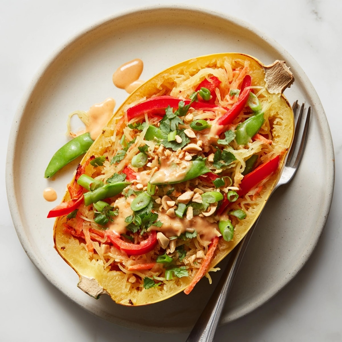 Fork-pulled strands inside of delicious Thai Peanut Spaghetti Squash Boats, garnished and colorful.