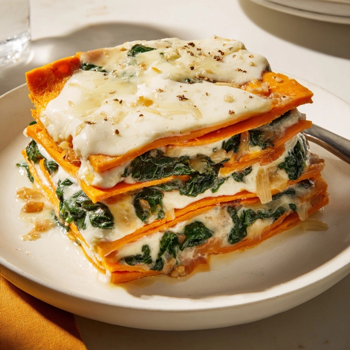 Rich Alfredo Sweet Potato Lasagna layered in a baking dish ready to be served.