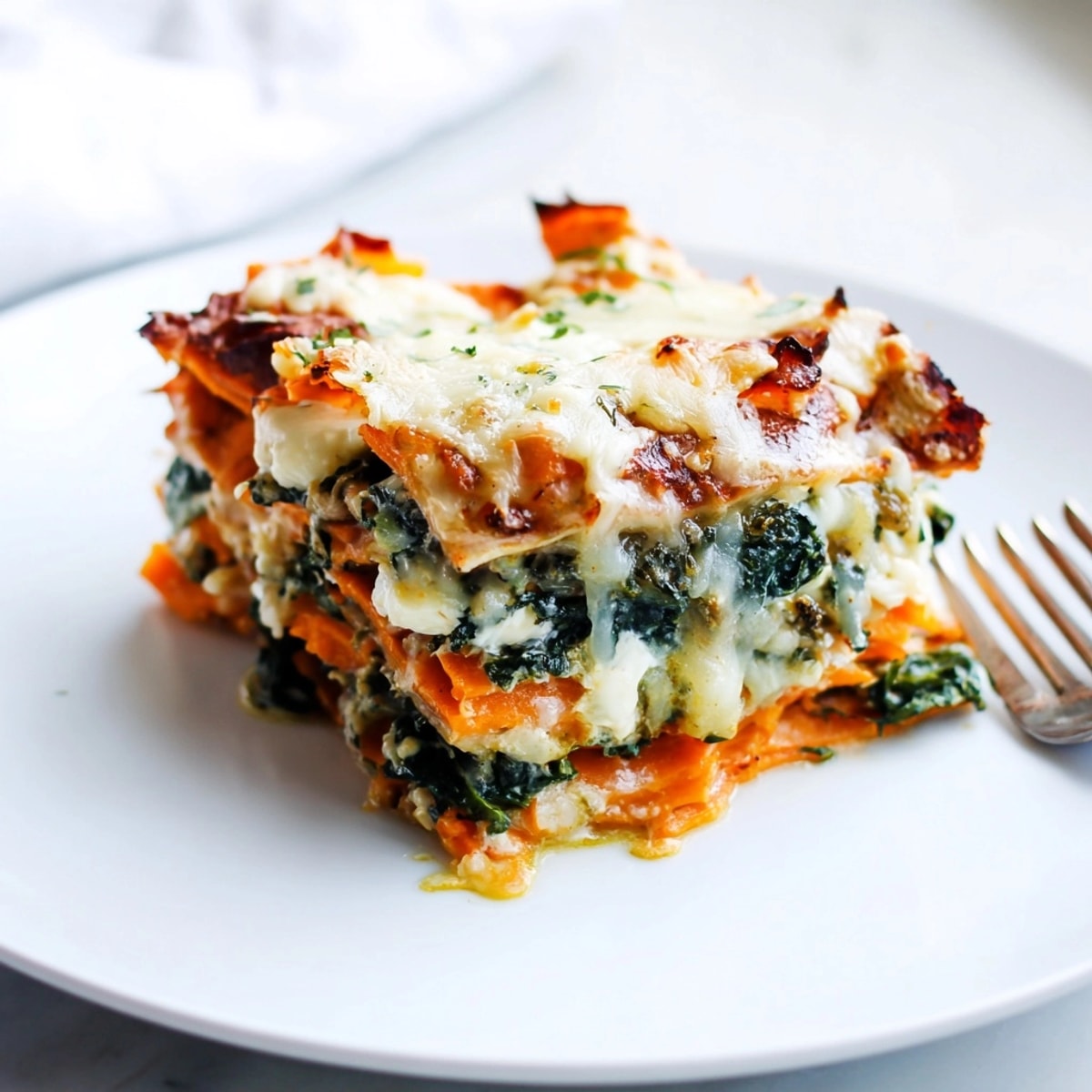 Savory and sweet Alfredo Sweet Potato Lasagna: spinach and cheese oozing between layers.