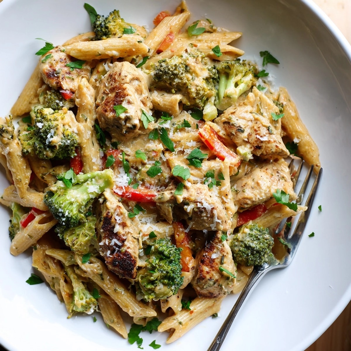 Close-up shows creamy Cajun Chicken Broccoli Pasta Skillet, ready to savor.