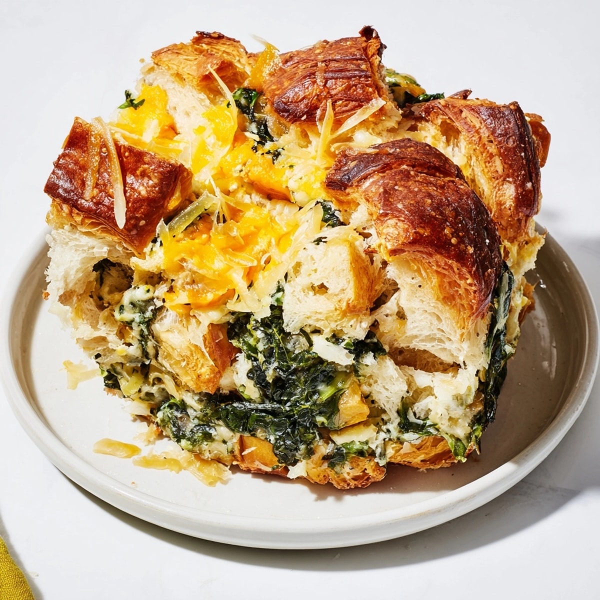 Golden brown Ricotta Spinach Croissant Bake, warm and bubbling, ready for a satisfying brunch.