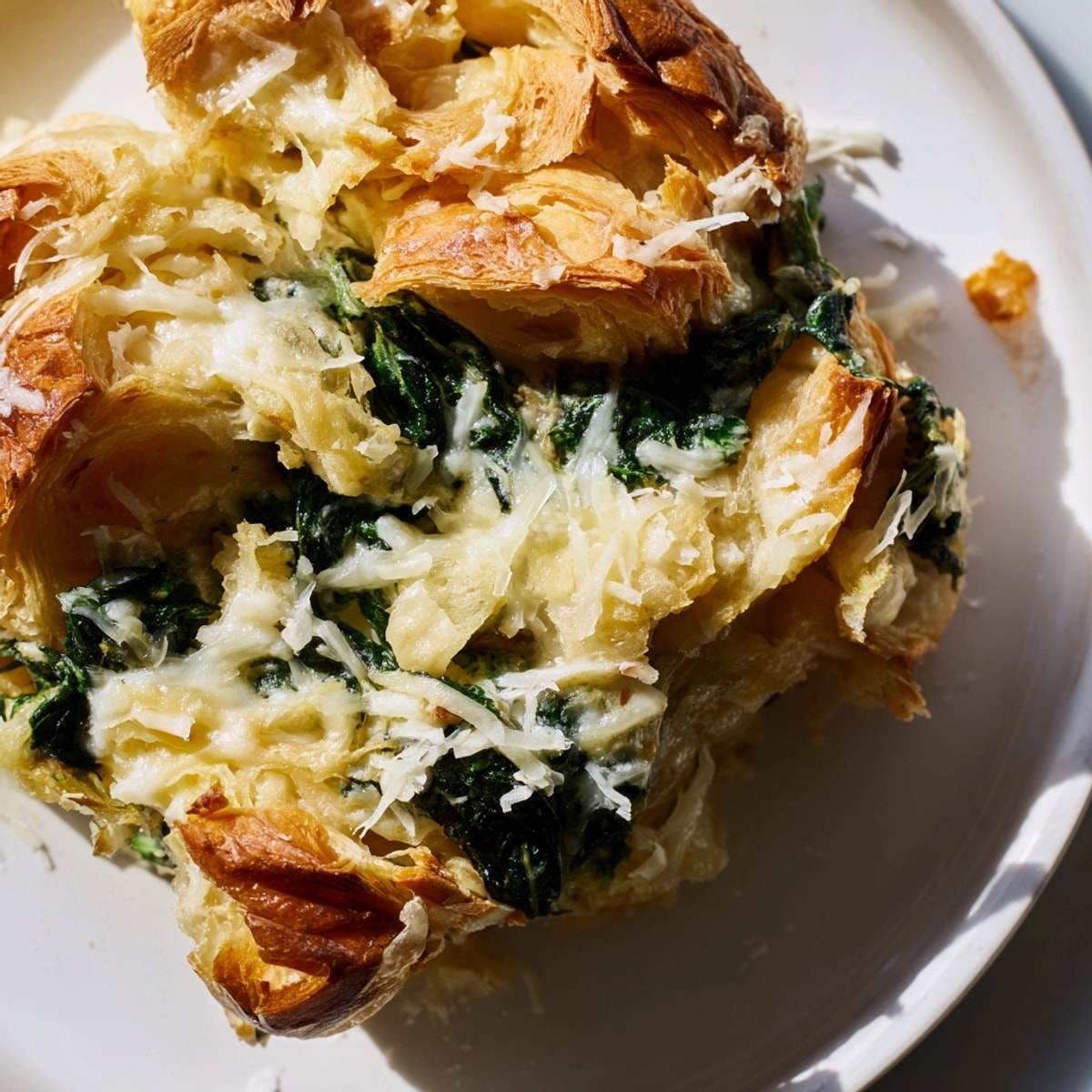 Making delicious Ricotta Spinach Croissant Bake, layers of cheesy spinach nestled in soft croissants.