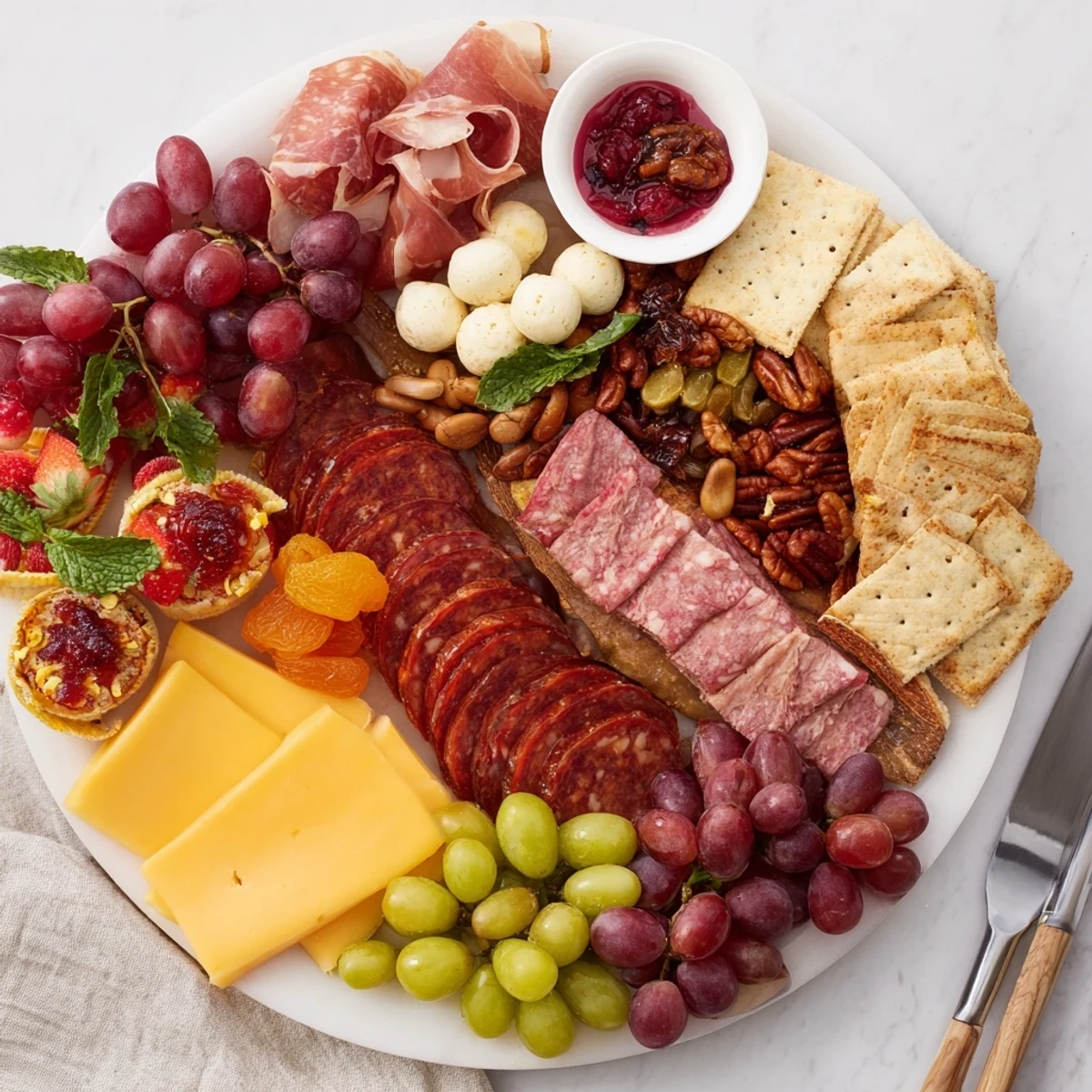 A festive charcuterie board with savory meats and mini cheesecakes dessert.  