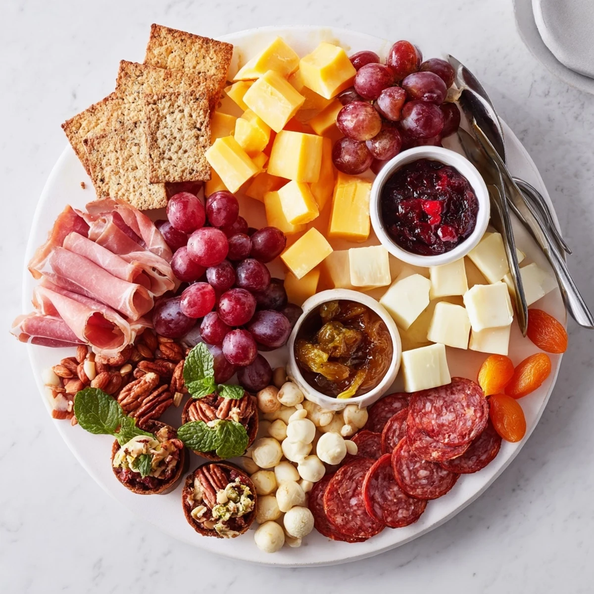 Delicious mini festive cheesecakes atop a vibrant, colorful charcuterie spread.  