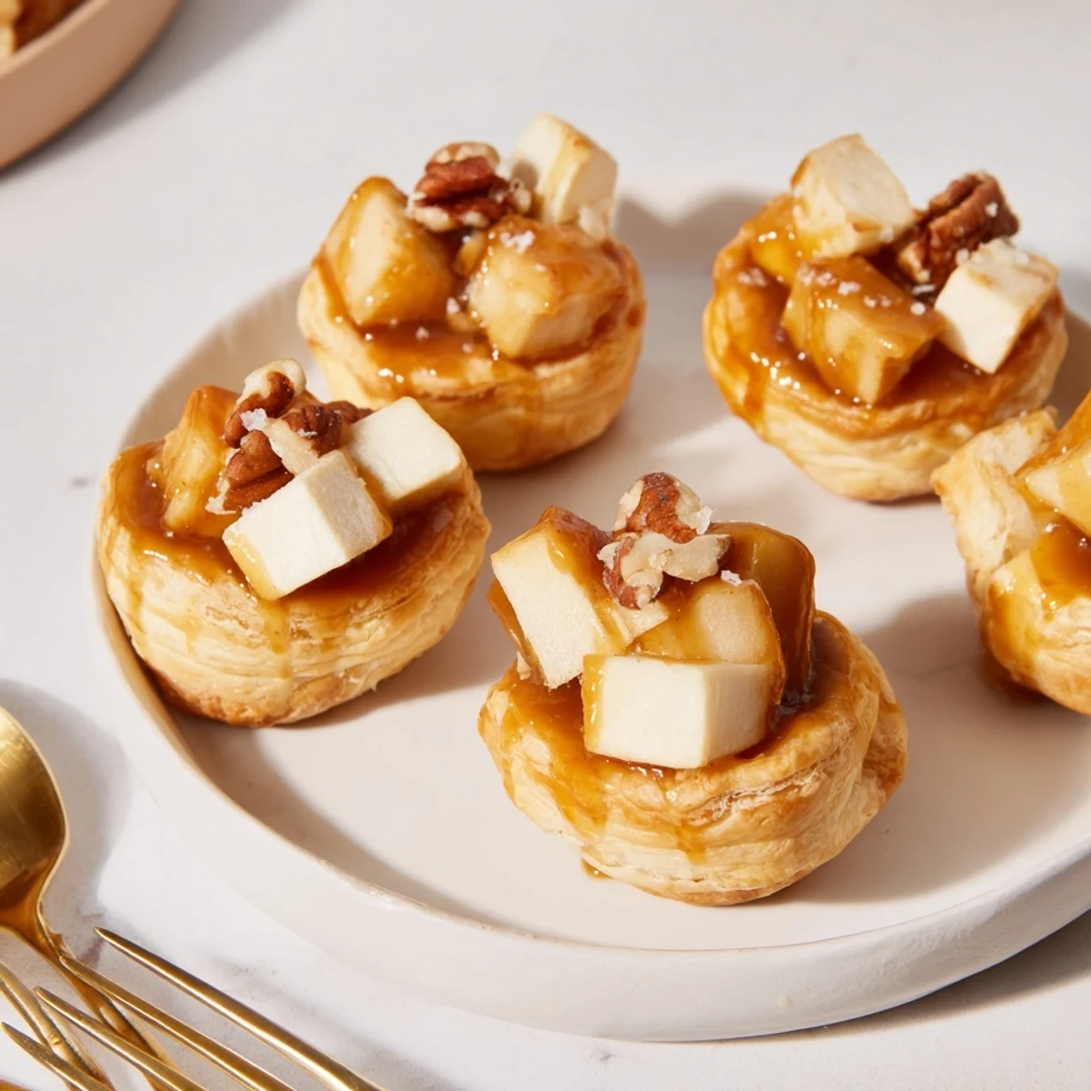 Buttery Caramel Apple Brie Bites topped with flaky sea salt for a delightful appetizer.  