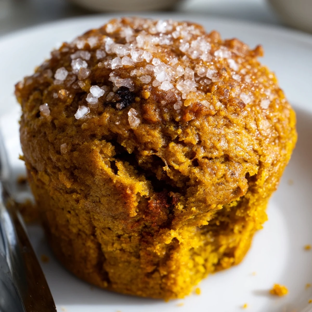 Moist pumpkin muffins sprinkled with flaky salt, perfect for breakfast or snack time.  