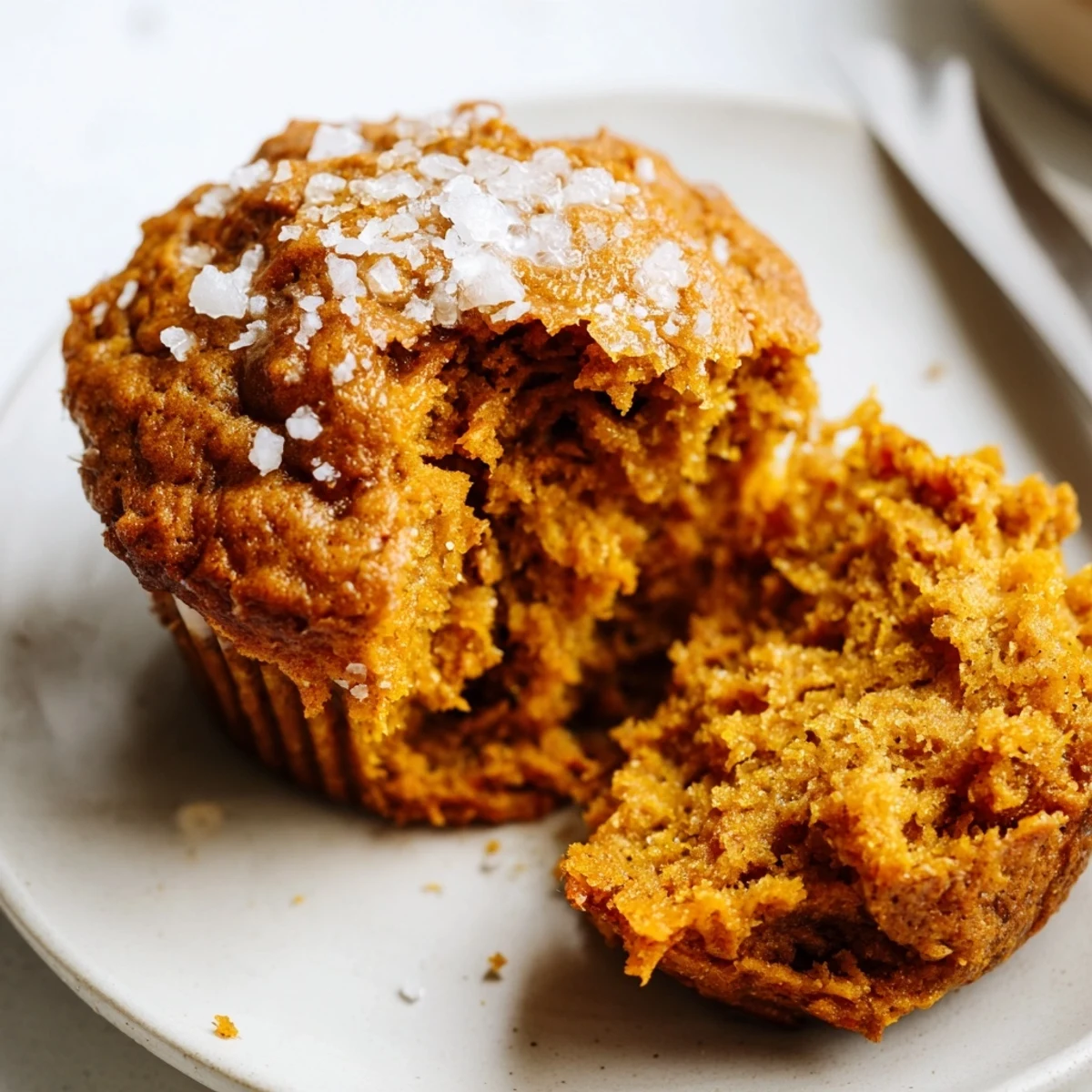 Warm, fluffy pumpkin muffins with a hint of sweetness and flaky salt crust.