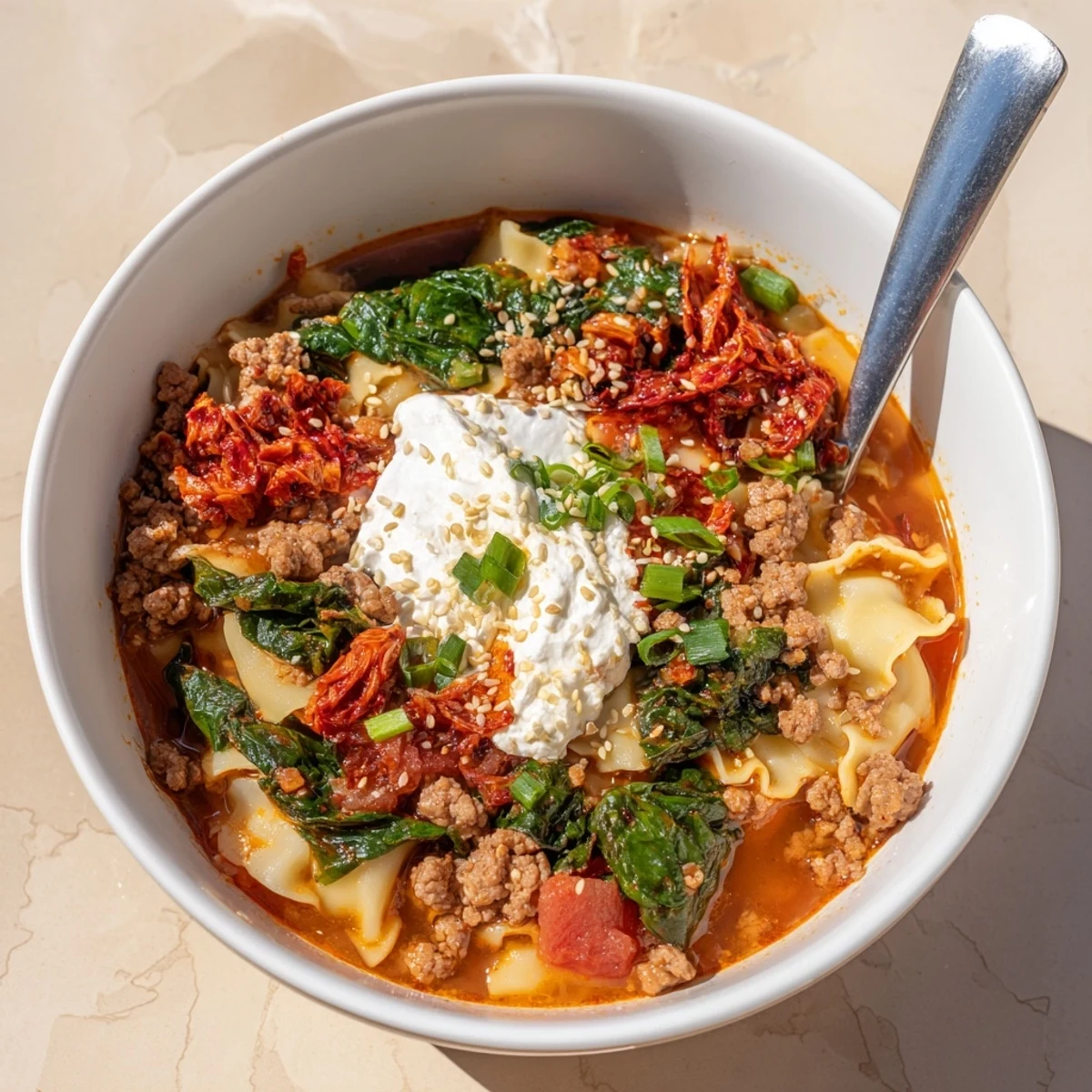 Savory Lasagne Soup with Kimchi Crunch, topped with melted cheese and spring onions.  