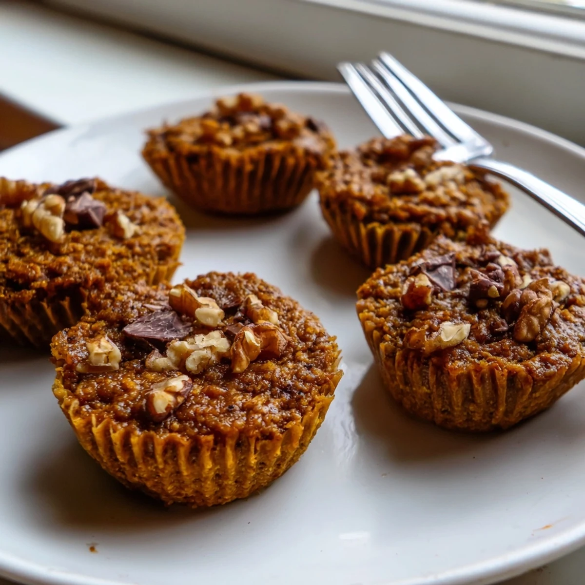 Moist vegan pumpkin muffin tartlets adorned with warm autumn spices for a delightful treat.  
