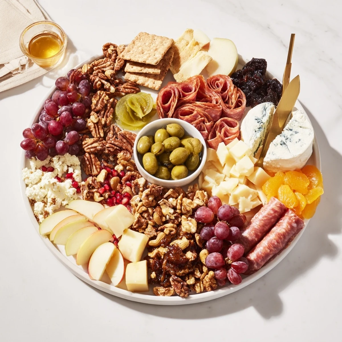 A colorful charcuterie board with maple glazed nuts and fresh fruit.  