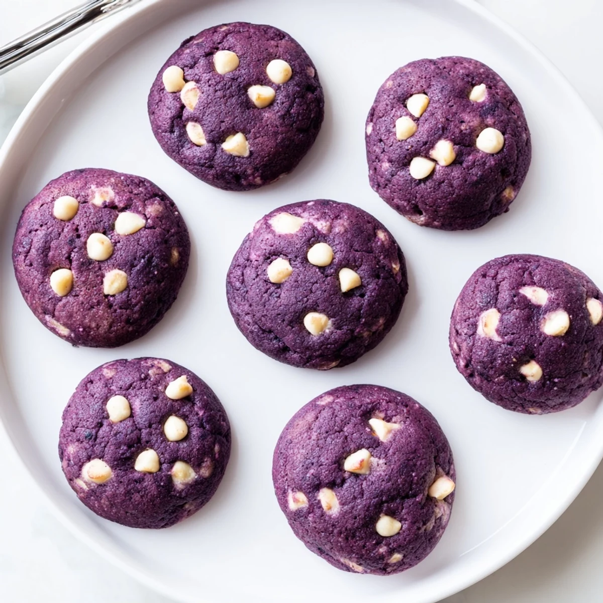 Chewy ube cookies with white chocolate chips on a decorative tray for holiday enjoyment.