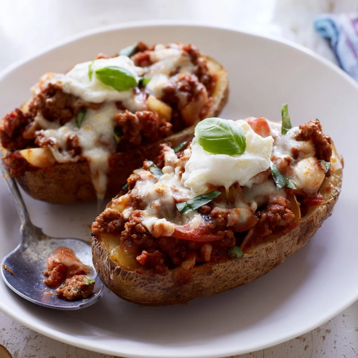 Baked potato skins generously stuffed with hearty lasagne soup and fresh herbs.  
