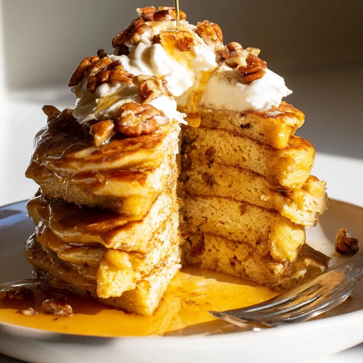 Fluffy Maple Bourbon Pumpkin Pancake stacks glistening with warm glaze and nuts.  