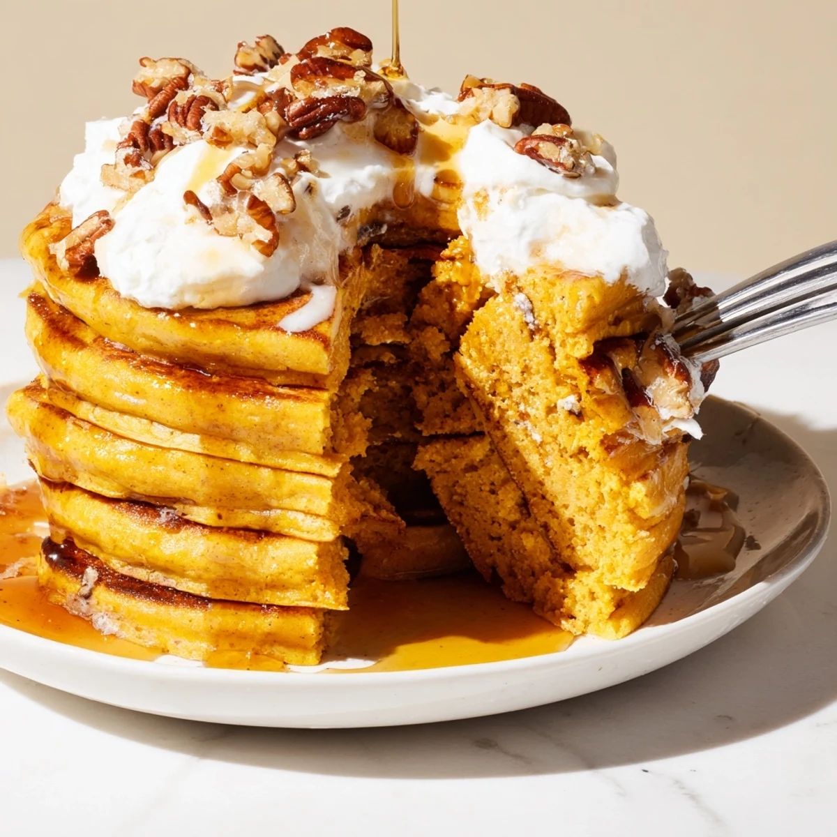 Autumn-inspired Maple Bourbon Pumpkin Pancake towers topped with a luscious maple glaze.