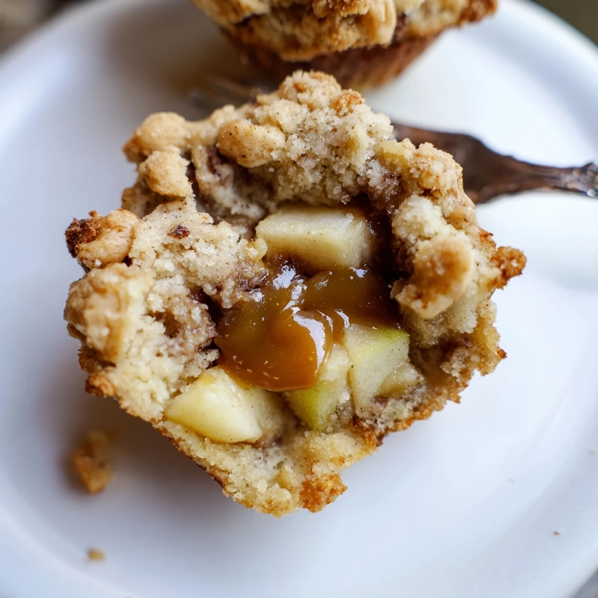 Soft Caramel Apple Crunch Cookie Muffins, topped with golden cookie crumbs and warm apples.  