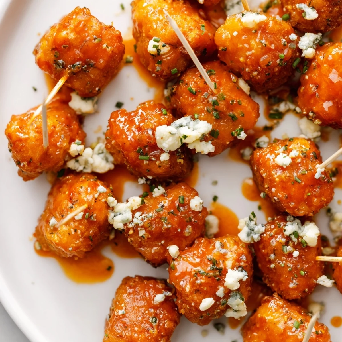 Golden pretzel bites coated with buffalo sauce and ranch, ideal for parties.