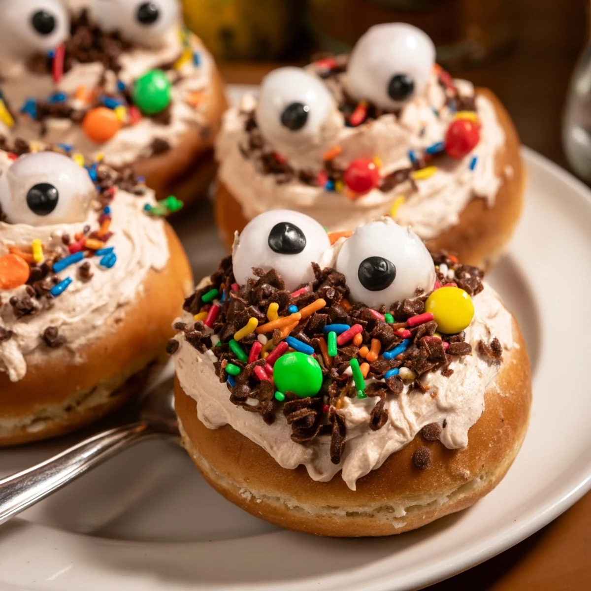 Whimsical Coffee Cream Monster Muffin Donuts with colorful sprinkles and candy eyes.  