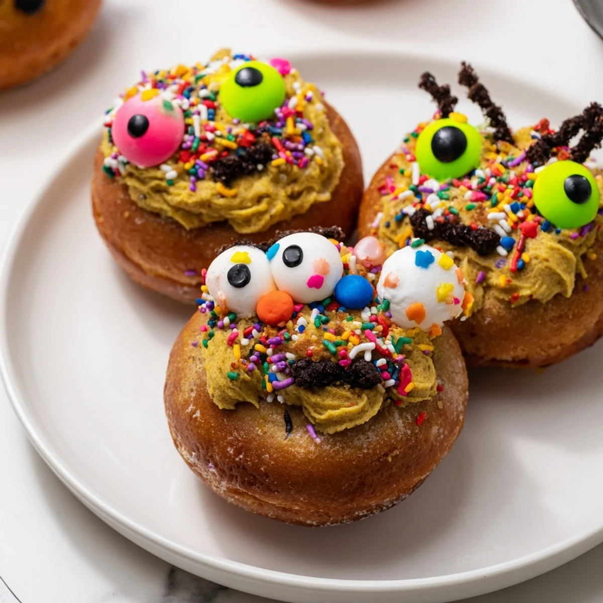 Deliciously fun Coffee Cream Monster Muffin Donuts, perfect for parties with playful monster faces.