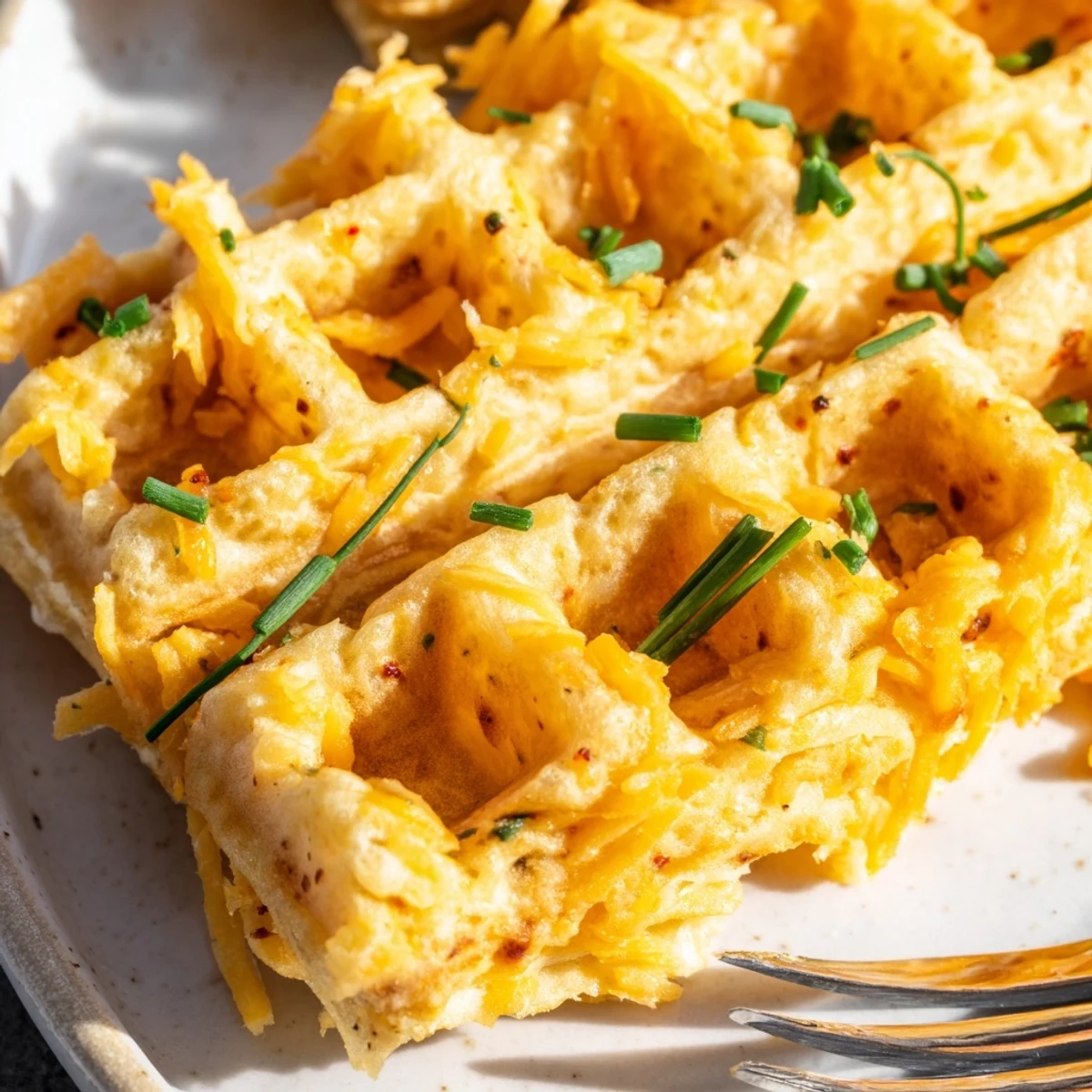 Crispy chili garlic cheese biscuit waffles drizzled with hot sauce and chives.  