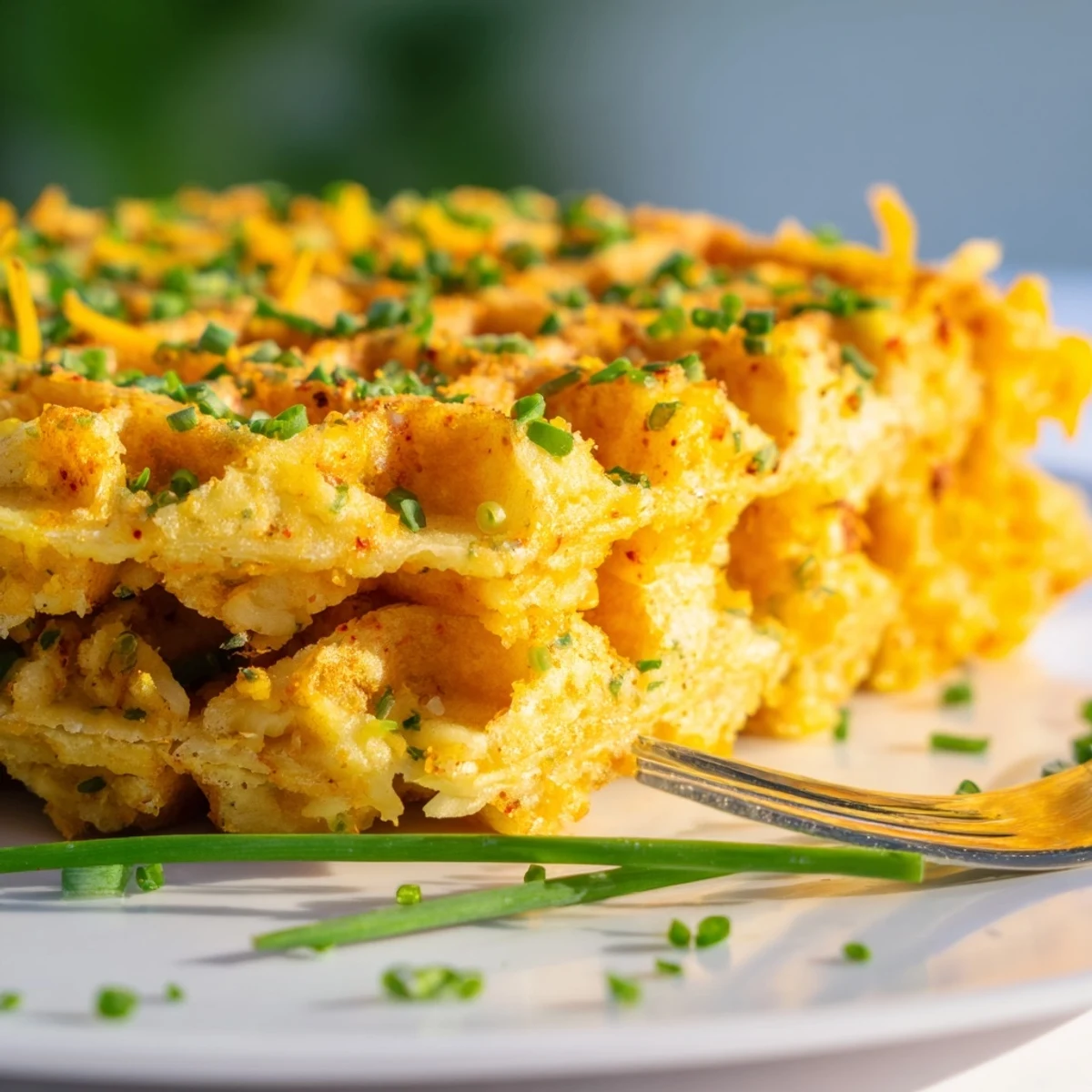 Fluffy chili garlic cheese waffles, perfect for dipping in creamy tomato soup.