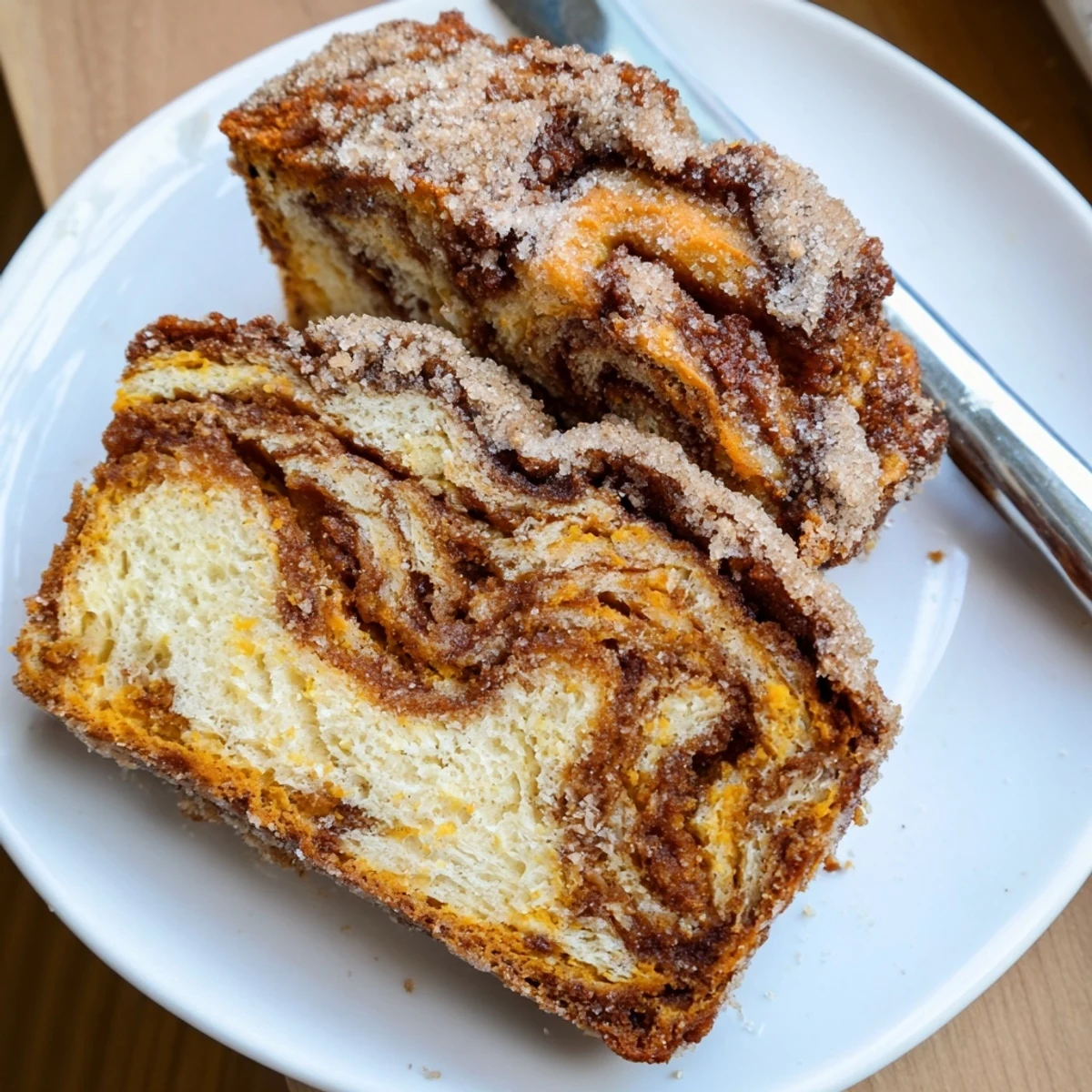 Delicious Churro Sweet Potato Chaos Bread with a cinnamon-sugar topping, sliced warm.  