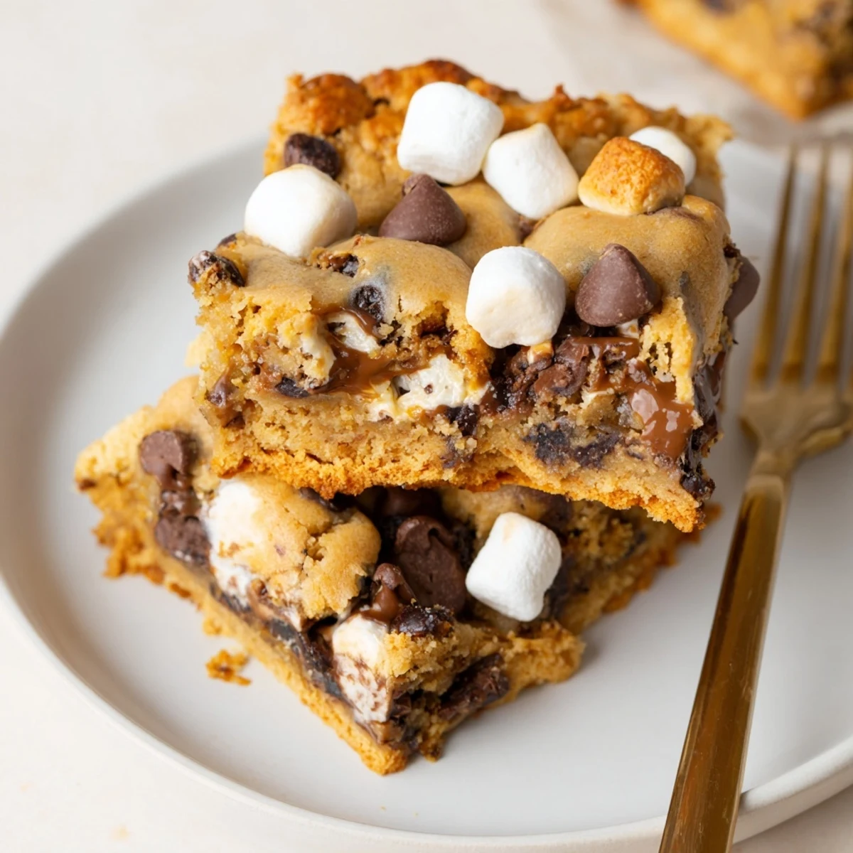 Decadent Chaos Cake S'mores Cookie Bars stacked high with chocolate and marshmallows.
