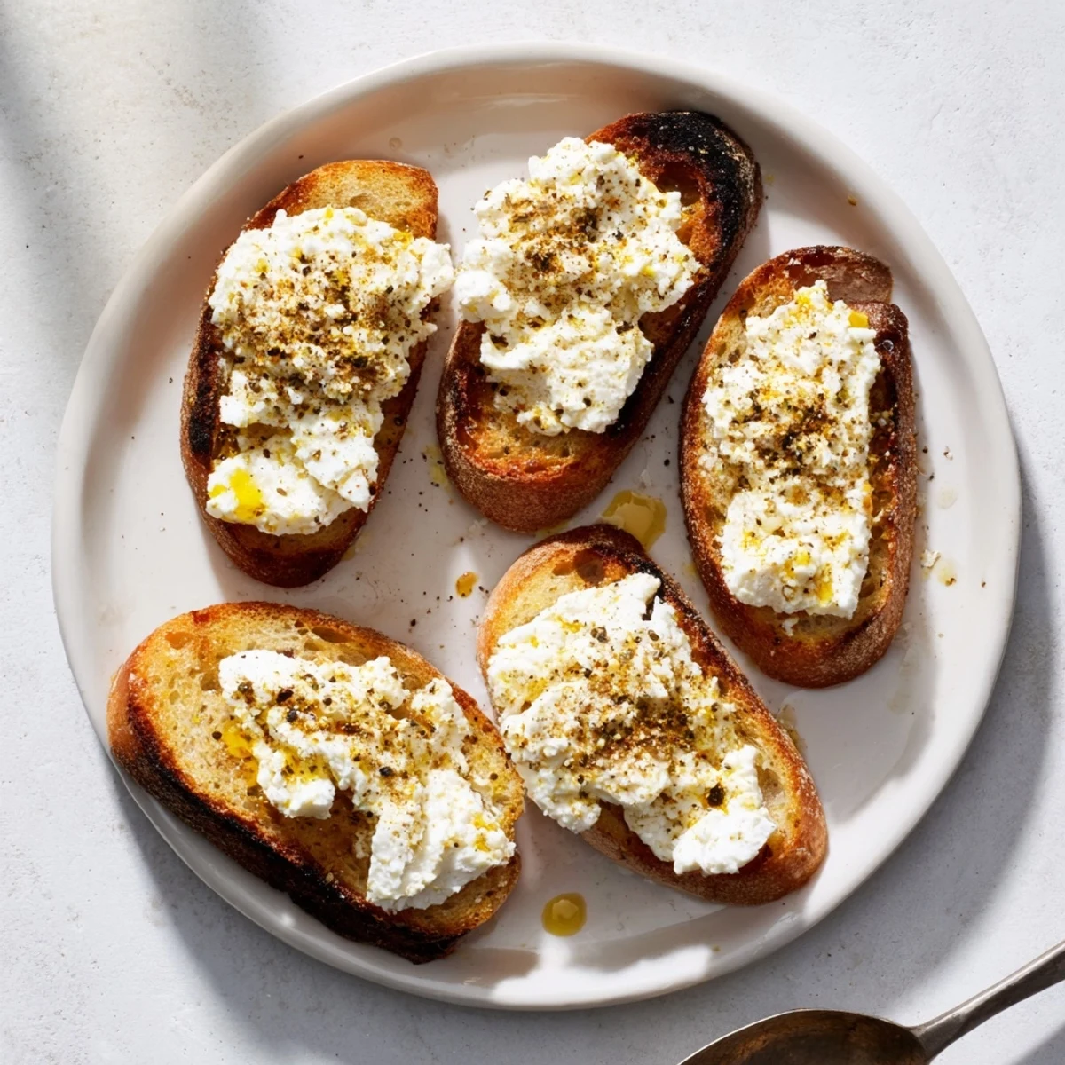 Crispy Honey Feta Crostini topped with black pepper and sweet honey drizzle.  