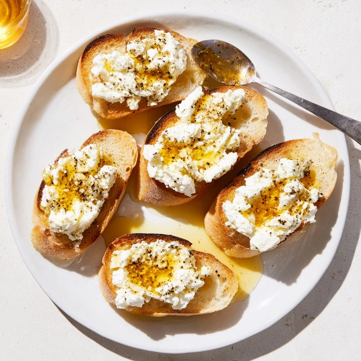Warm crostini with creamy feta, honey sweetness, and a hint of black pepper.